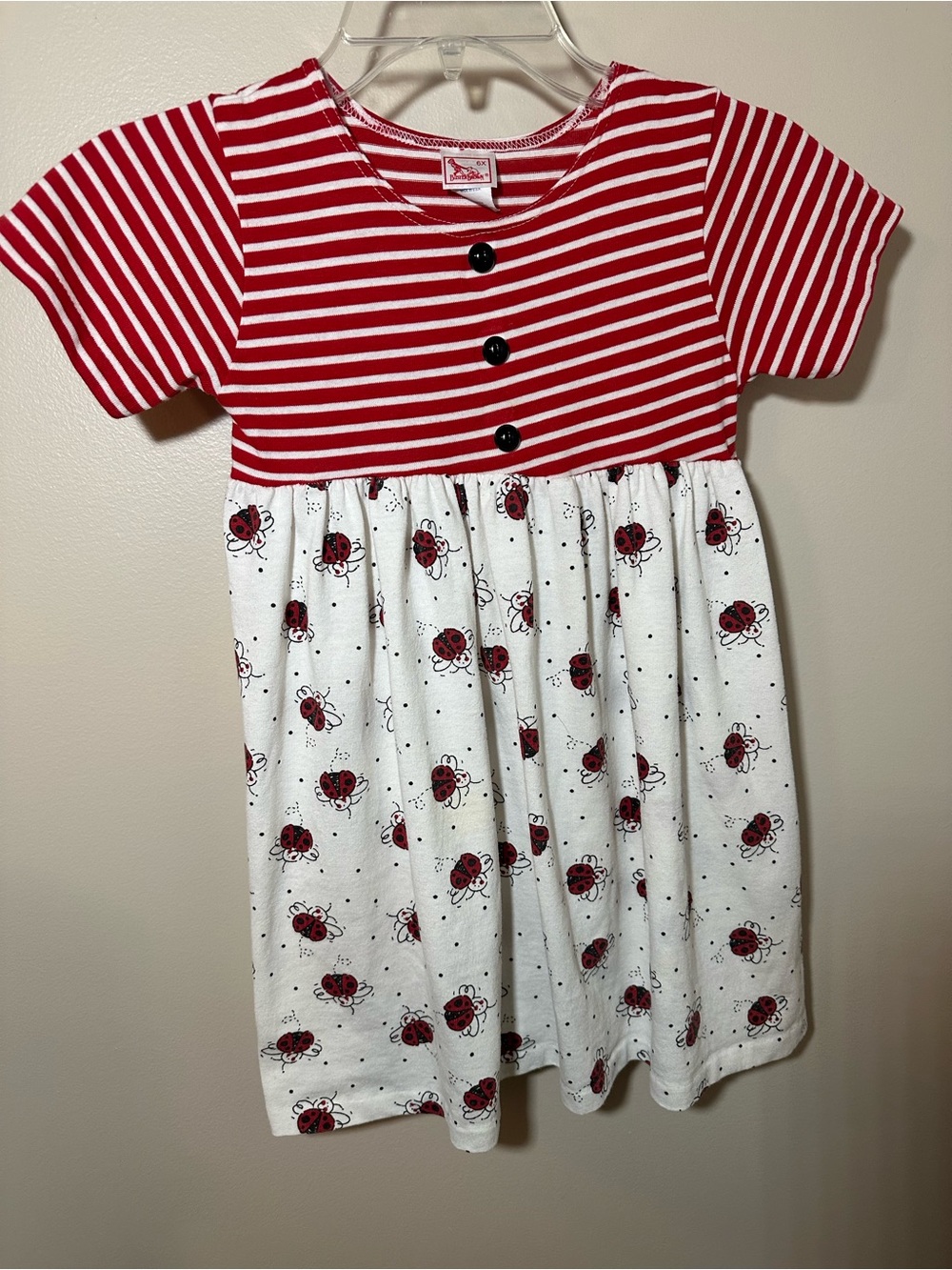 Vintage 90s Buster Brown Red Stripe Whimsical Lady Bug Print Girls Dress Sz 6X